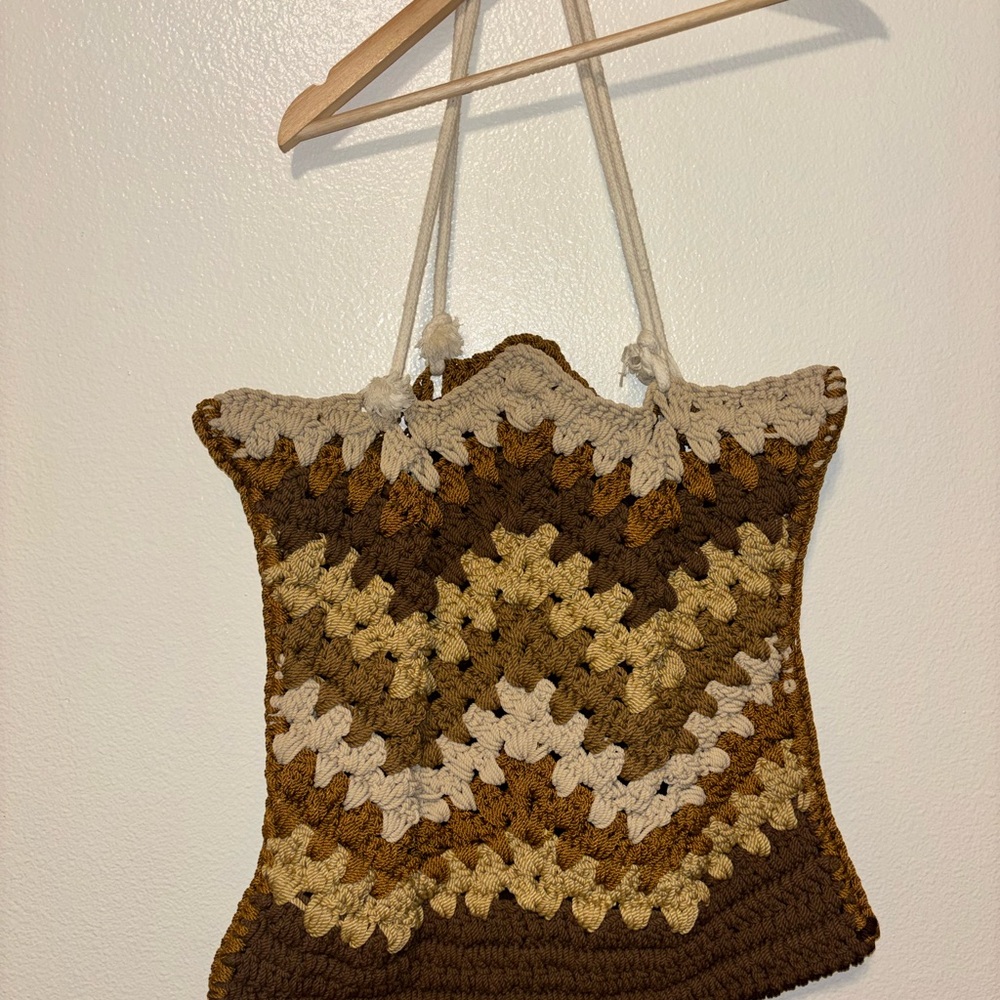 Brown and Tan Crochet Tote Bag - Picture 3 of 6